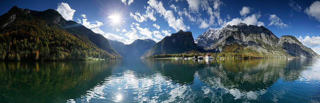 Blick über Königssee auf Watzmann, Berchtesgadener Land, Oberbayern, Bayern, Deutschland