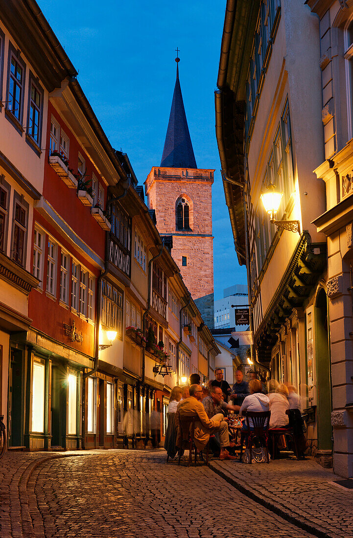 Kraemerbruecke at night, Aegidien Church, Erfurt, Thuringia, Germany