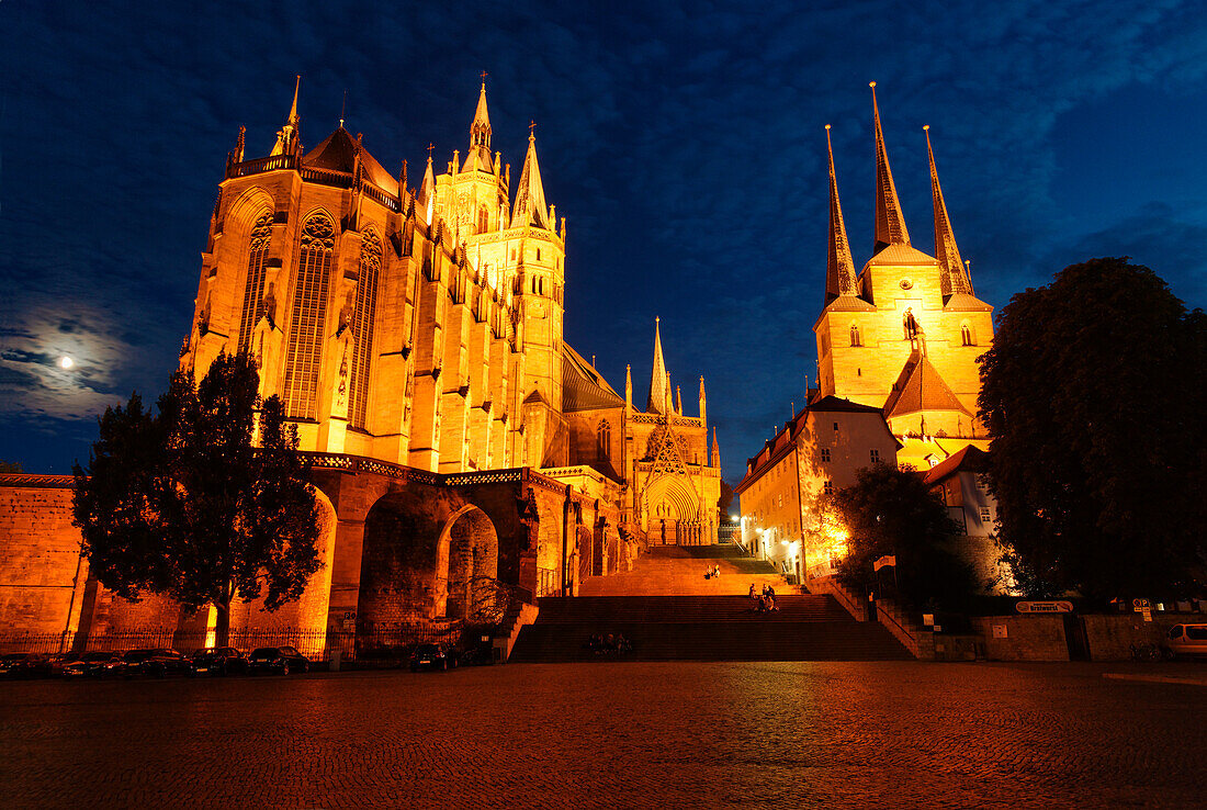 Erfurt Cathedral and Severi Church at night, Cathedral Square, Erfurt, Thuringia, Germany