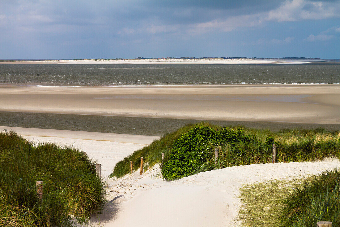 Dunes and beach, view to Baltrum Island, Langeoog Island, National park, Unesco World Heritage Site, North Sea, East Frisian Islands, East Frisia, Lower Saxony, Germany, Europe