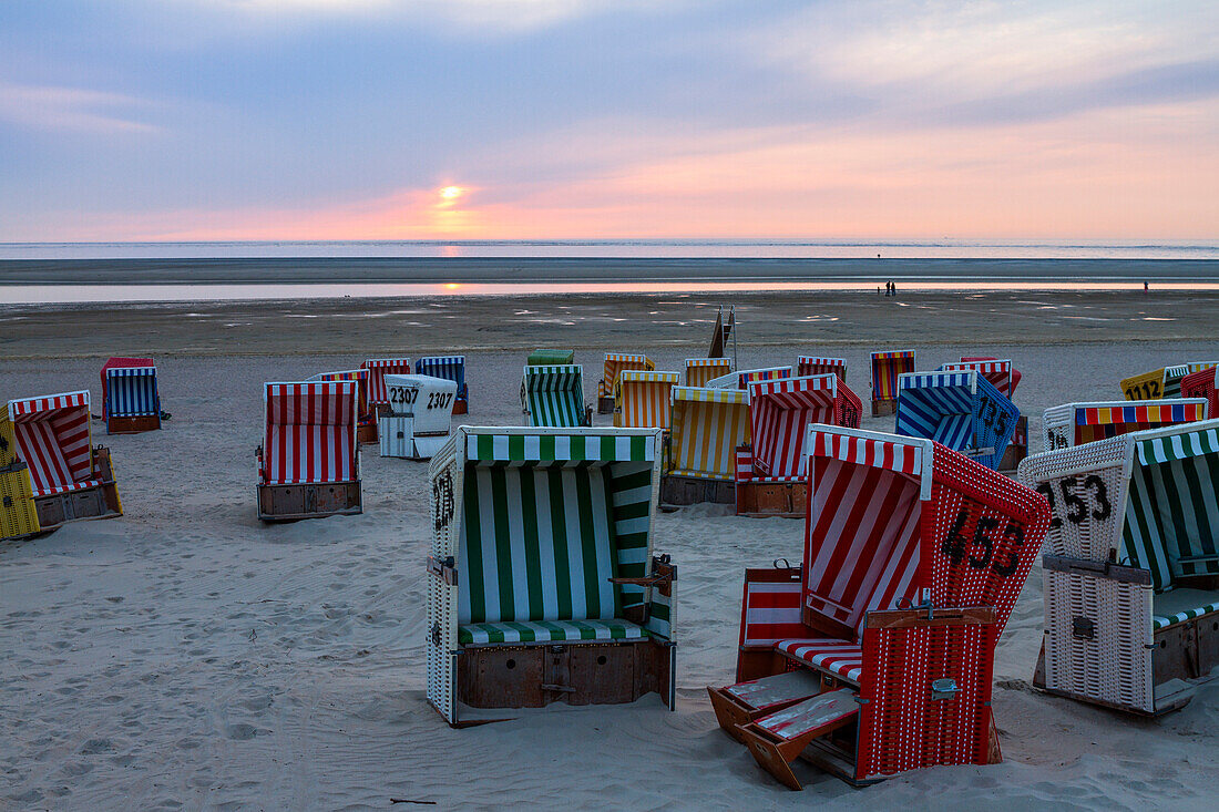 Beach chairs at sunset on the beach, Langeoog Island, North Sea, East Frisian Islands, East Frisia, Lower Saxony, Germany, Europe