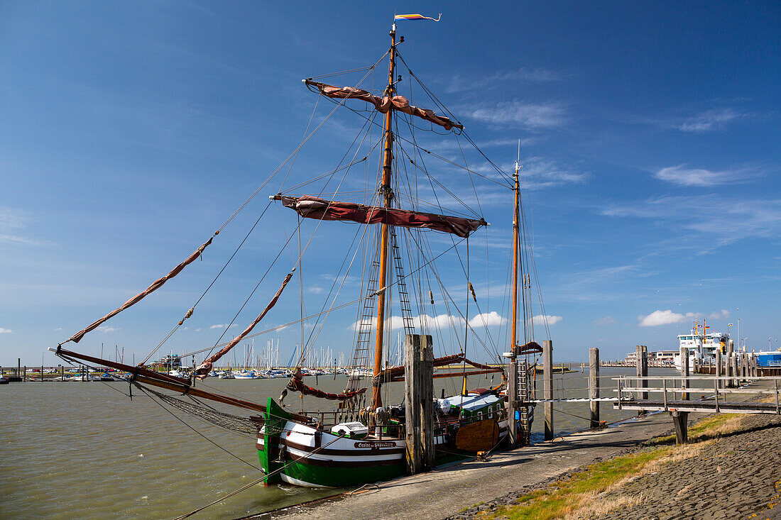 Old sailing boat in Norddeich harbour, Norden, Nationalpark, North Sea, East Frisian Islands, East Frisia, Lower Saxony, Germany, Europe