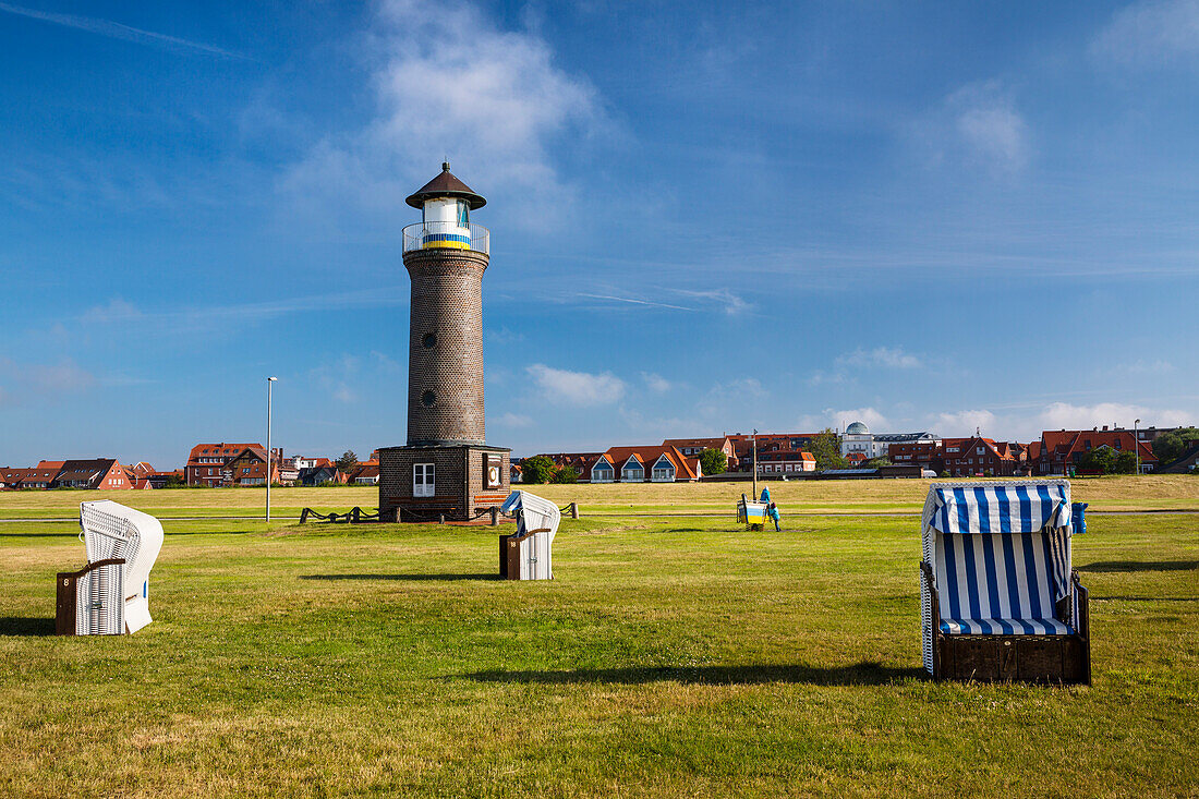 Lighthouse and beach chairs, Juist Island, Nationalpark, North Sea, East Frisian Islands, East Frisia, Lower Saxony, Germany, Europe