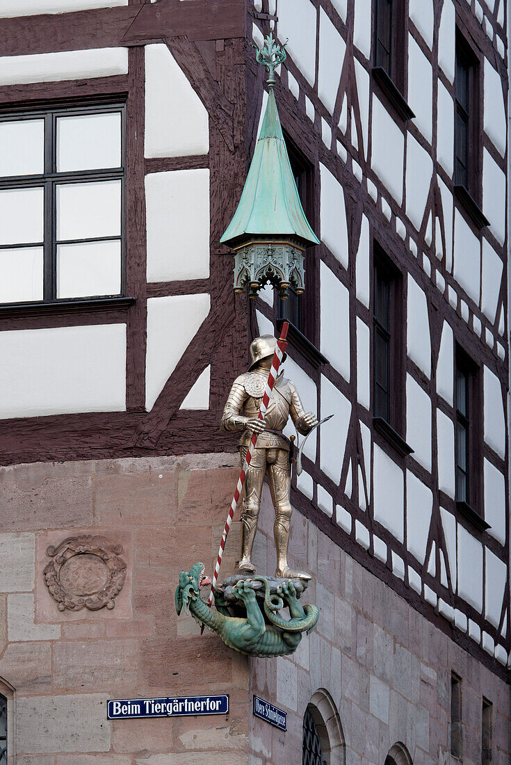 Close up of Pilatus House, Tiergaertnertorplatz, Nuremberg, Middle Franconia, Bavaria, Germany
