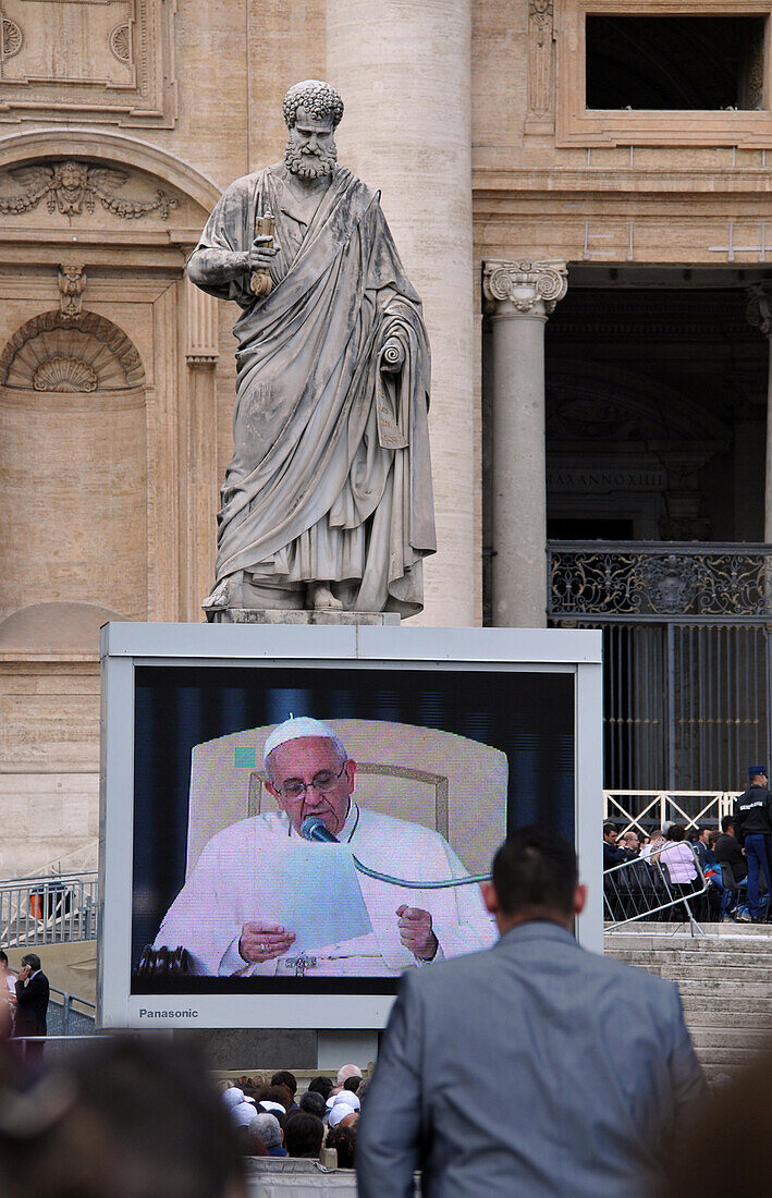 Pope Francis during a papal audience in front of St. Peter's Basilica, Rome, Italy