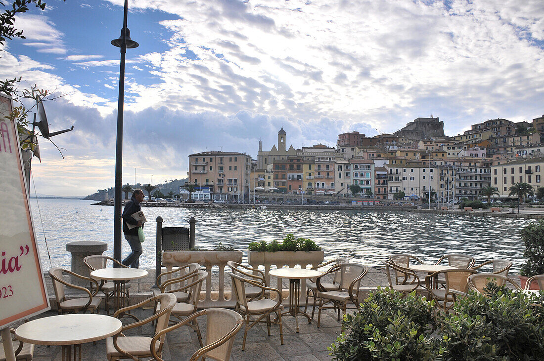 Cafe in the harbour of Porto Santo Stefano at Monte Argentario, South Tuscany, Tuscany, Italy