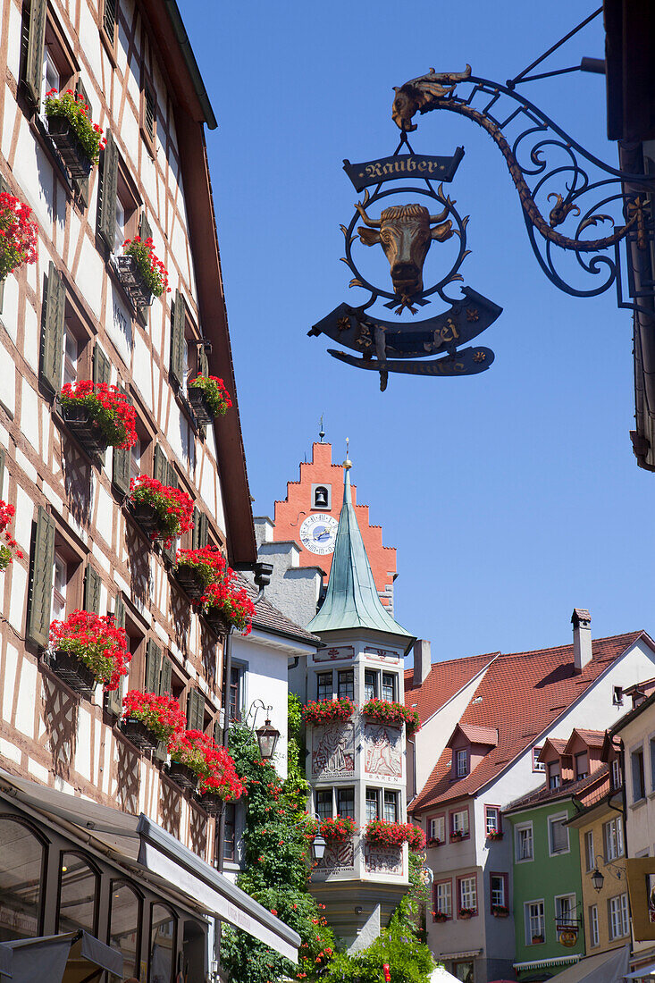 Historical center of Meersburg with shop sign, Lake Constance, Swabia, Baden-Wuerttemberg, Germany, Europe