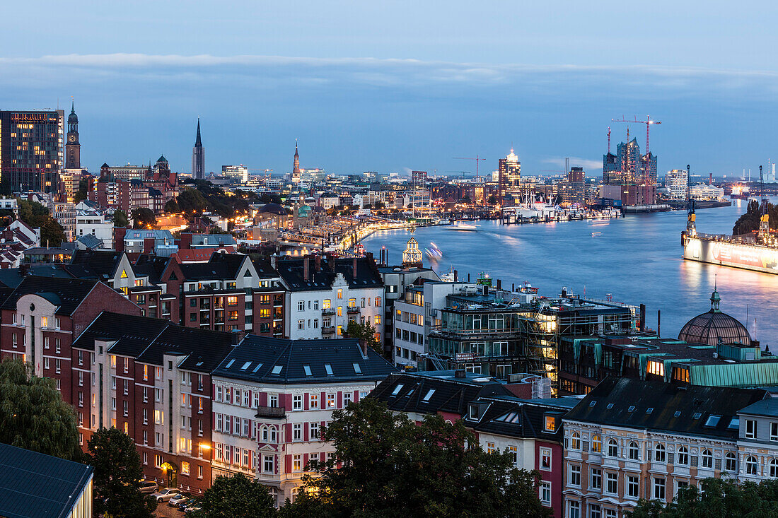 Cityscape with river Elbe in the evening, Hamburg, Germany