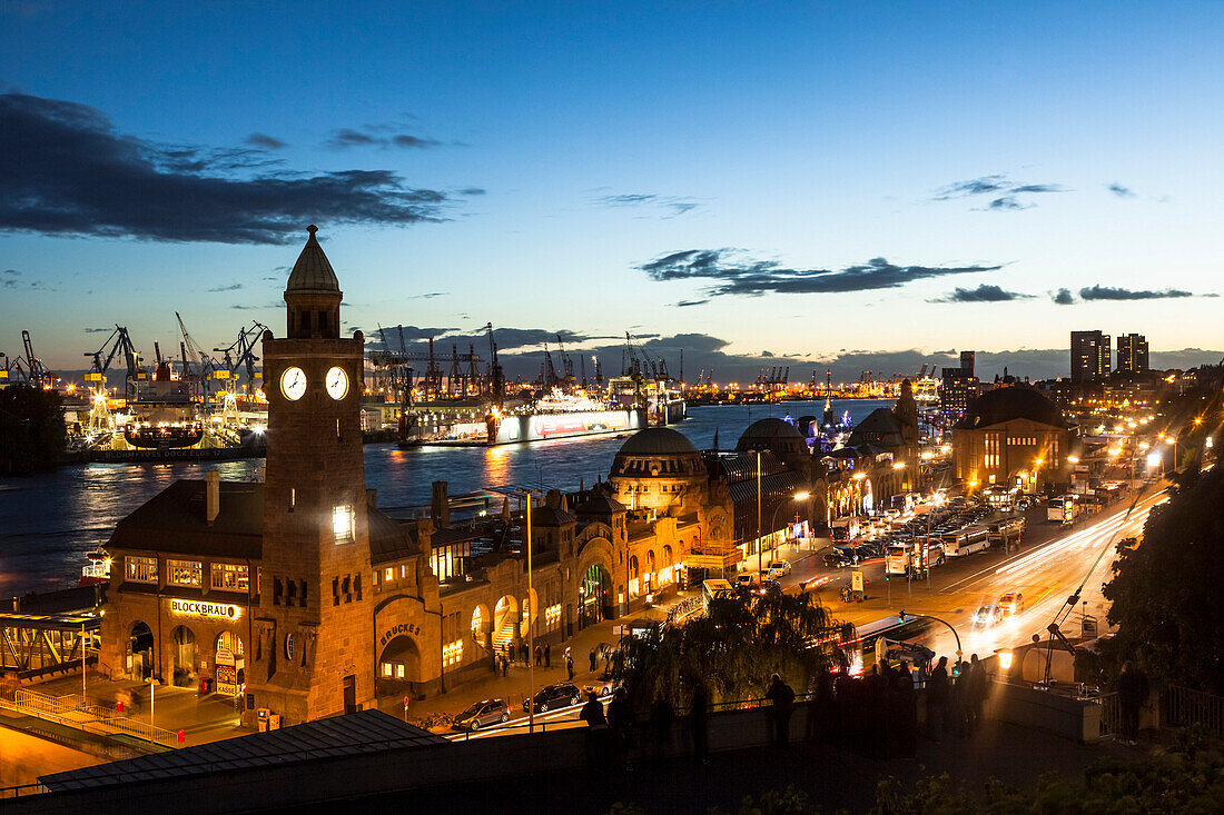 St. Pauli Landing Stages and entrance to the Old Elbe tunnel in the evening, Hamburg, Germany