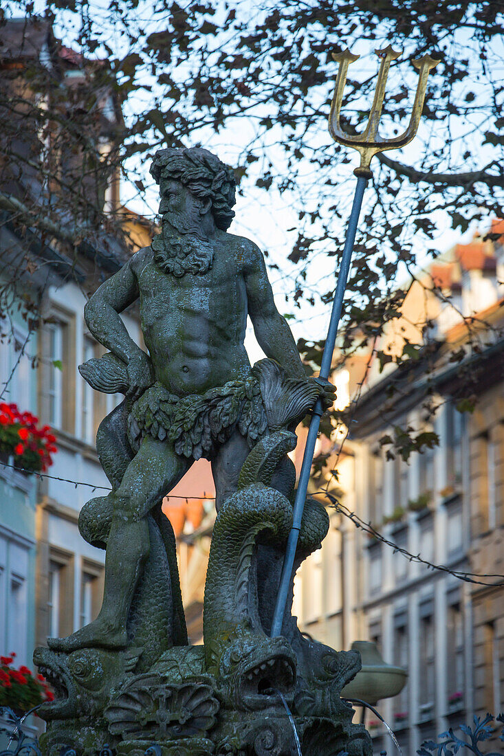 Gabelmann statue of Neptune in the pedestrian zone of the city, Bamberg, Franconia, Bavaria, Germany