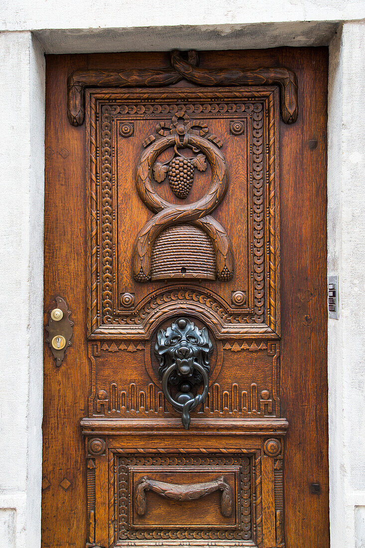 Ornamental wooden door, Eichstaett, Altmuehltal, Franconia, Bavaria, Germany