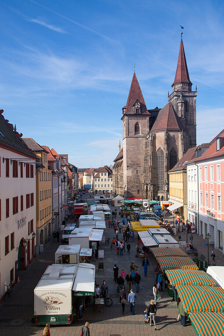 Market stalls and church of St. Johannis, Ansbach, Franconia, Bavaria, Germany