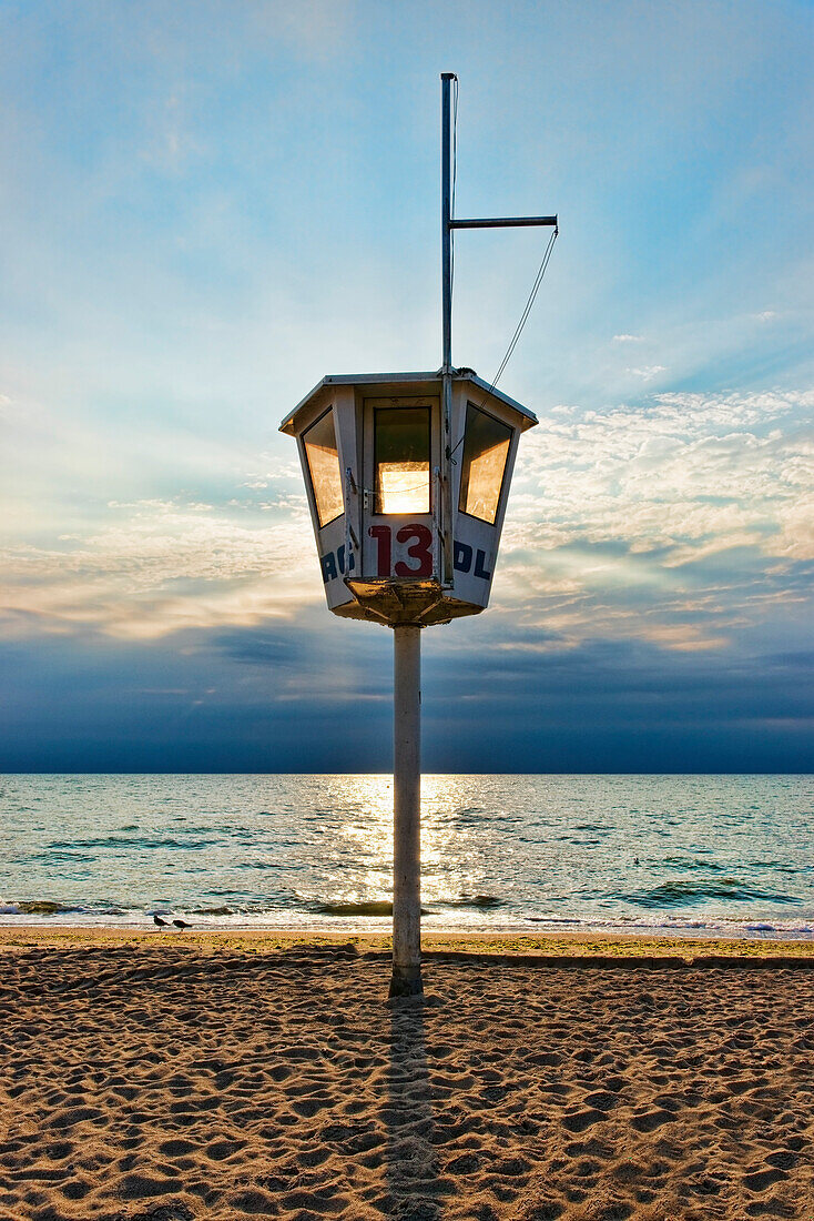 Watch tower at sunset, Baltic Sea Beach, Baltic resort Dahme, Schleswig-Holstein, Germany