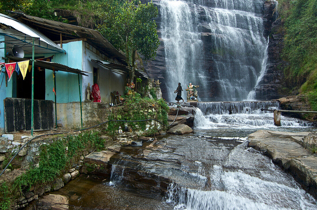 Hindu temple and waterfall in the vincinity of Nuwara Eliya, highlands, Sri Lanka