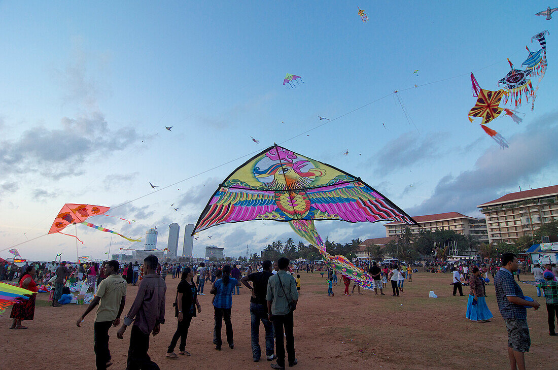 Besucher lassen am Abend auf dem Galle Face Green Drachen fliegen, Colombo, Sri Lanka, Südasien