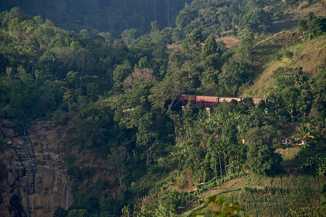 Zug in den Bergen auf Brücke an der Ella Gap, Ella, Hochland, Sri Lanka