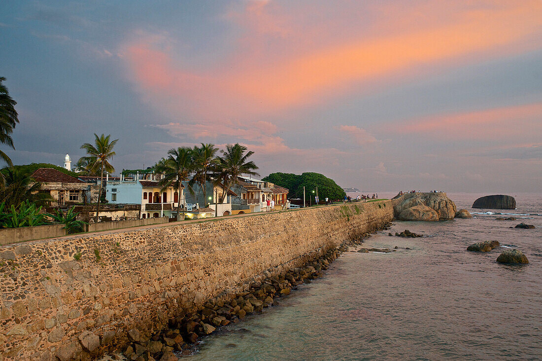 Walls of Galle Fort after sunset, UNESCO world heritage, Galle, Southwest coast, Sri Lanka, South Asia