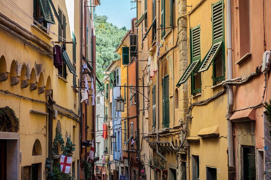 Main street Via Capellini, Porto Venere, Province of La Spezia, Liguria, Italy