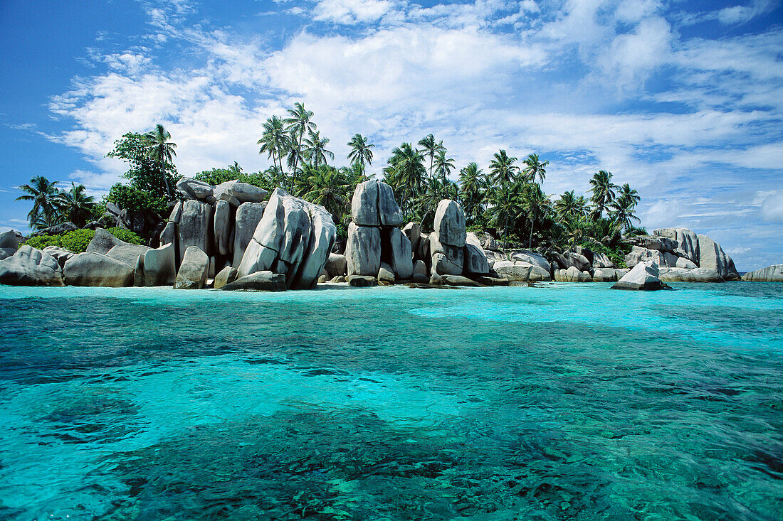 Granite Island and Coconut Palms, unique idyllic islands, Seychelles, Indian Ocean