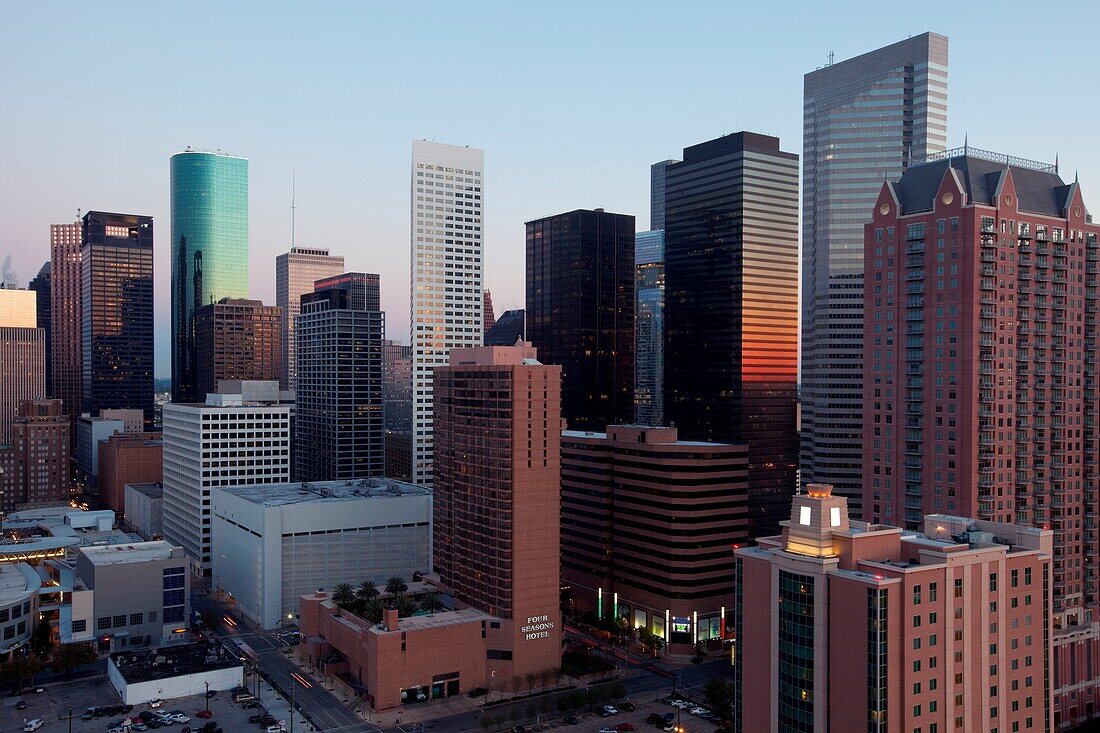 Sun rising in Downtown Houston Texas