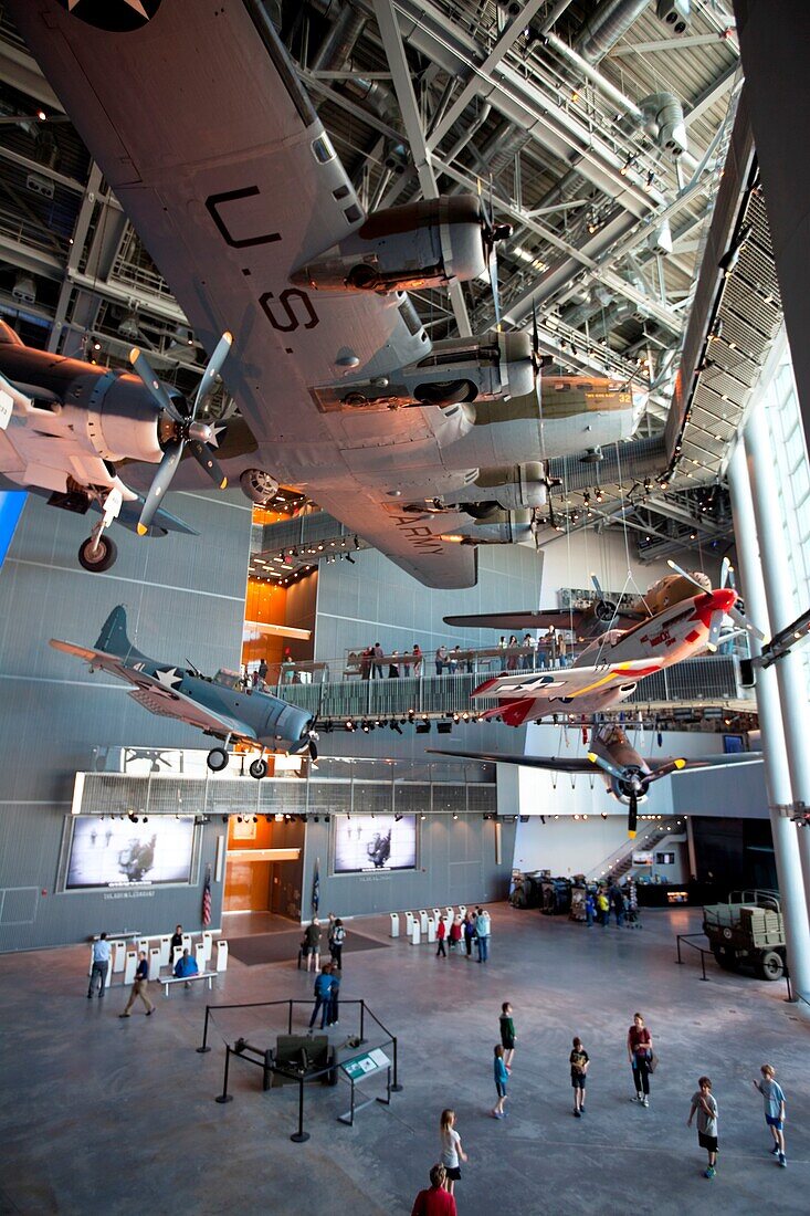 Airplanes hanging from the ceiling of the World War II Museum, New Orleans, Louisiana
