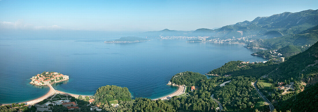 Panoramic view at luxurious Hotel Island Sveti Stefan, Adriatic coastline, Montenegro, Western Balkan, Europe