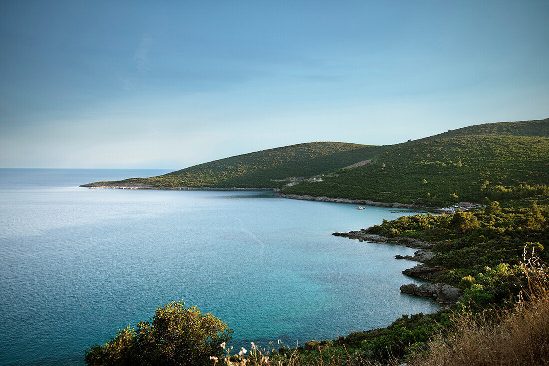 View of a bay along the Lustica peninsula, Bay of Kotor, Adriatic coastline, Montenegro, Western Balkan, Europe