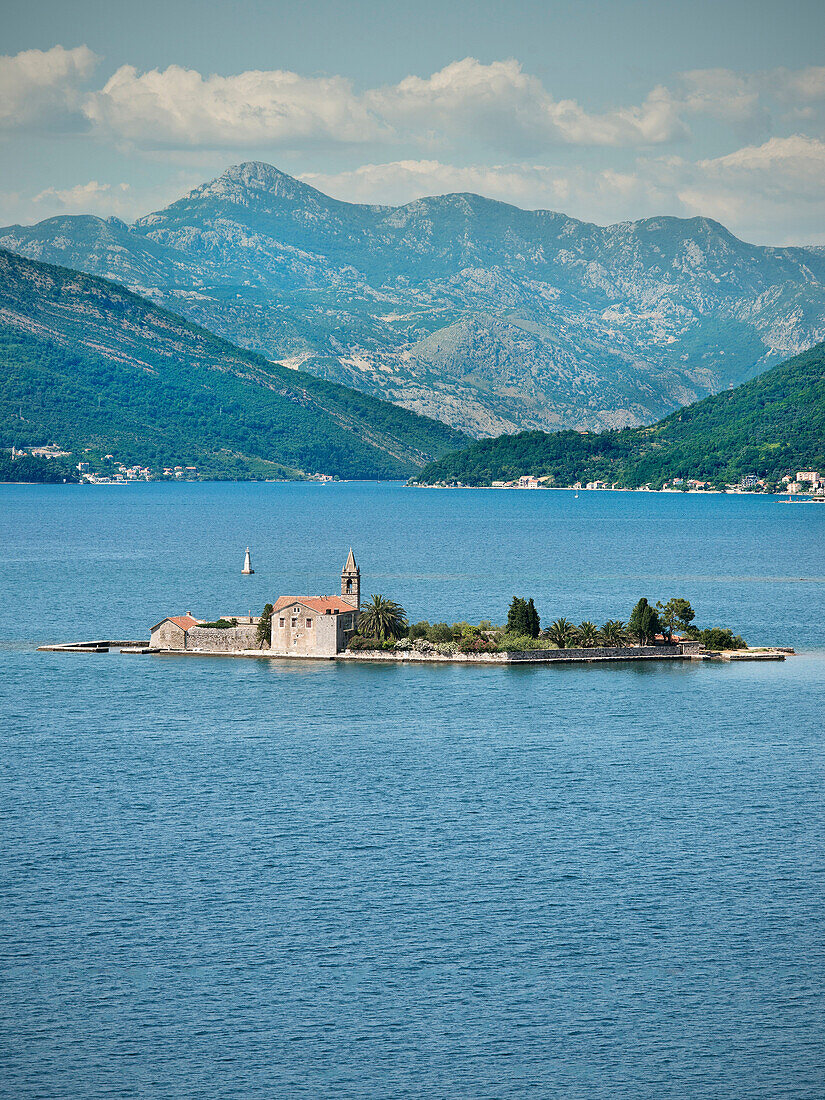View of Island of St Mark with church, Lustica peninsula, Bay of Kotor, Adriatic coastline, Montenegro, Western Balkan, Europe