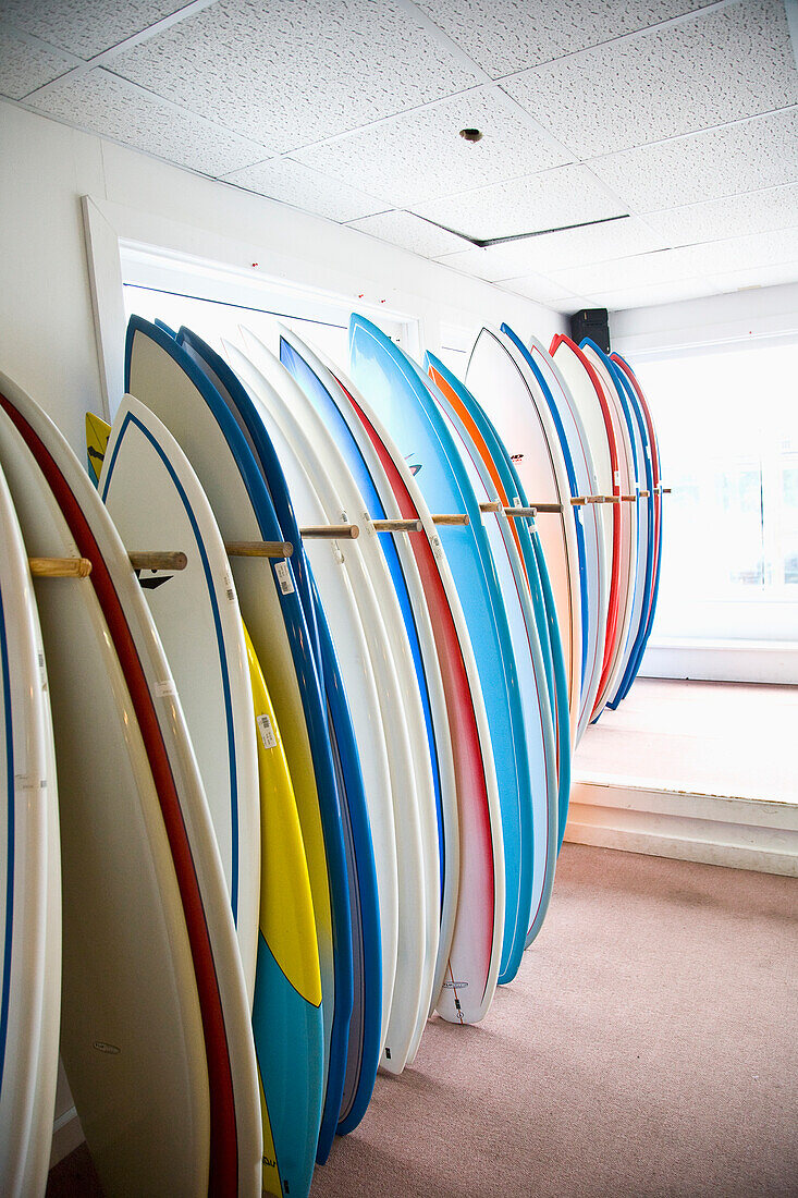 USA, Rhode Island, Surfboards on rack, Newport