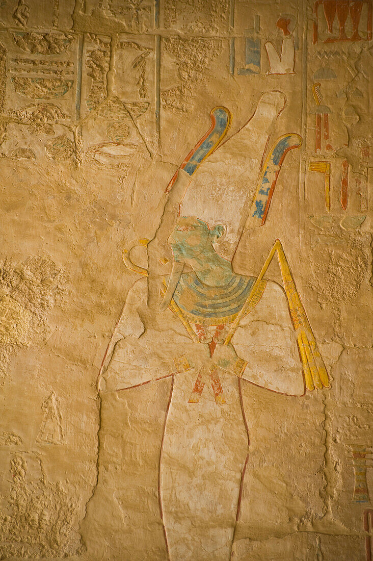 Paintings on wall of Mortuary Temple of Hatshepsut, Deir el-Bahri, Luxor, Egypt