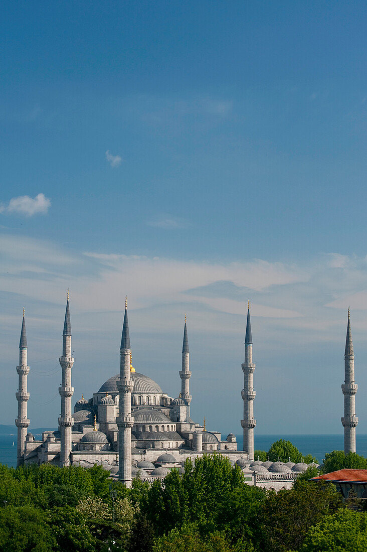 Sultanahmet or Blue Mosque with Sea of Marmara behind, Istanbul, Turkey