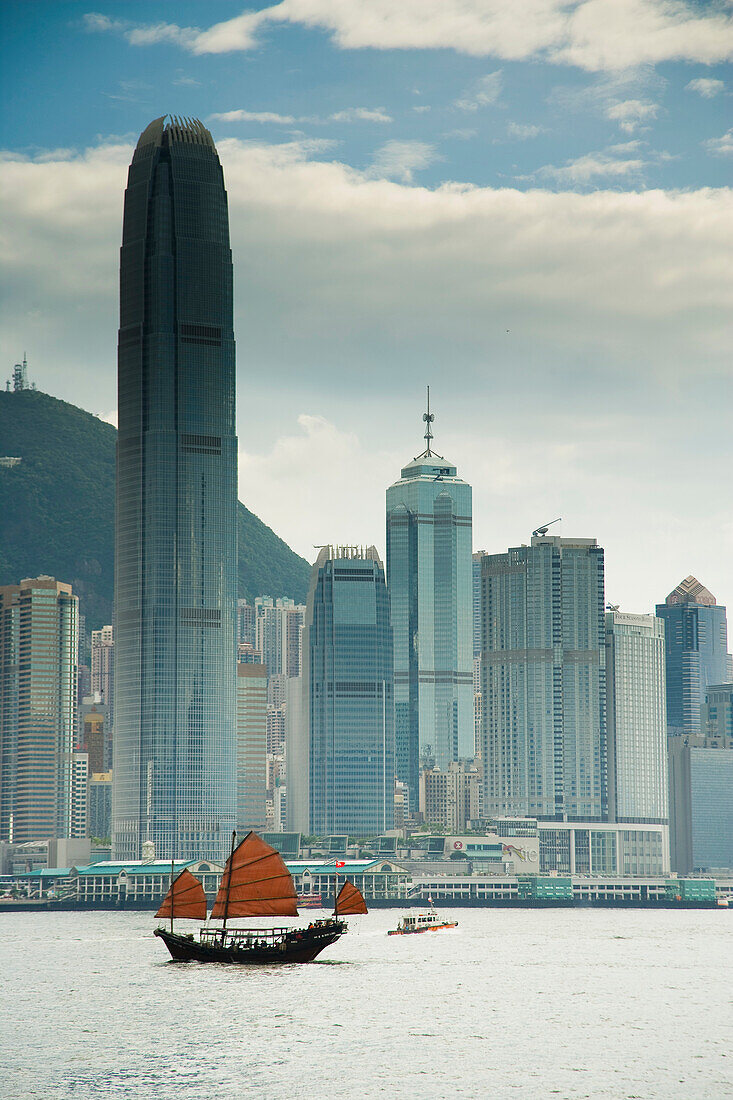 Traditional Chinese Junk boat, converted for tourists rides around harbor, Victoria Harbor, Hong Kong Island, China