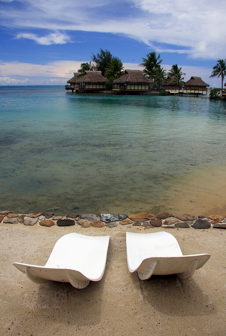French Polynesia, Society Islands, Deck chairs on promenade, Moorea