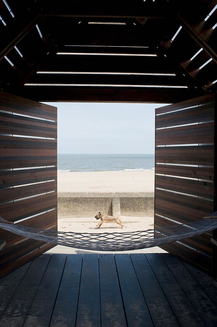 UK, England, Lincolnshire, View out of beach hut, Mablethorpe