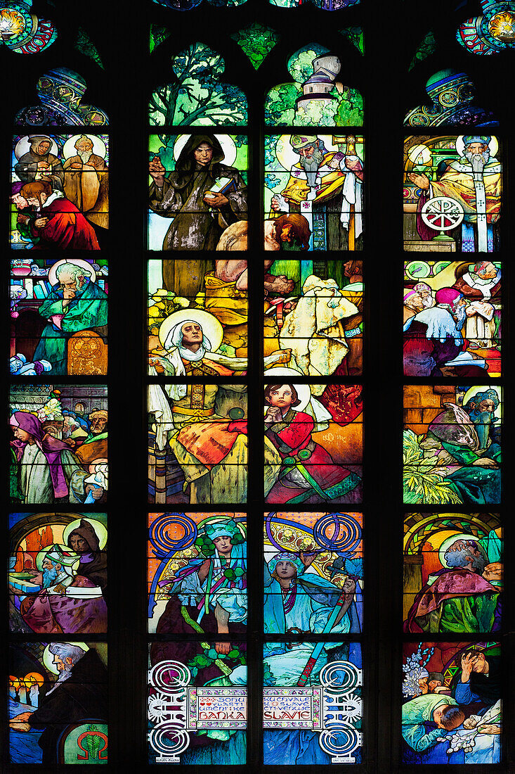 Stained glass window at St Vitus Cathedral, Prague, Czech Republic