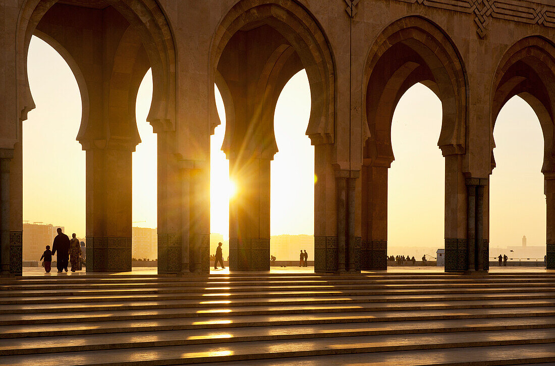 Archways of Hassan II Mosque at dusk, Casablanca, Morocco