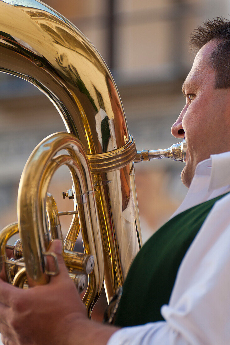 Man playing tuba at wedding, Ortenburg, Bavaria, Germany