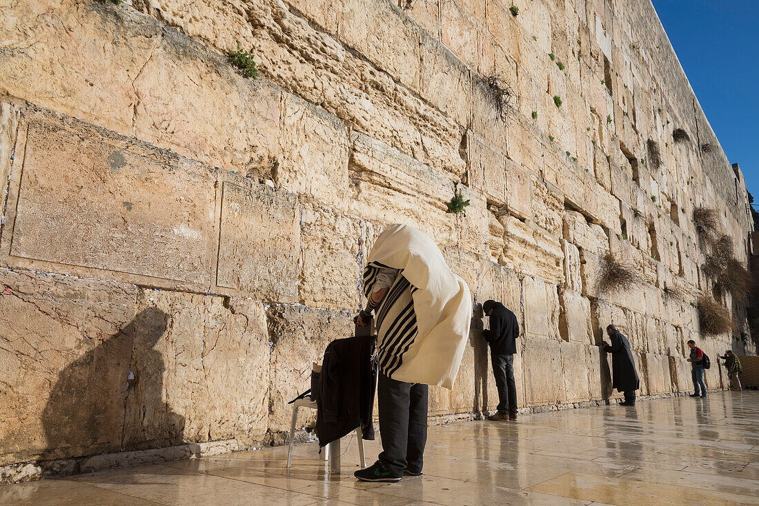 Jew with prayer shawl praying at Western Wall, Old City, Jerusalem, Israel