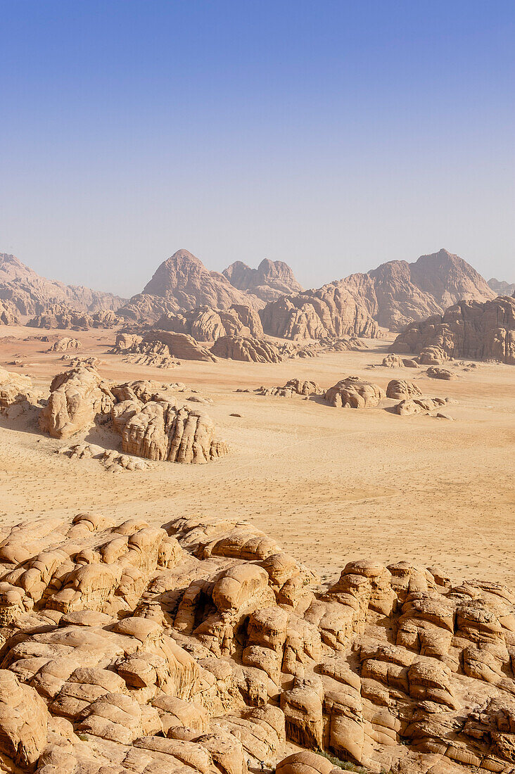 Desert landscape with rock formations, Wadi Rum, Jordan, Middle East