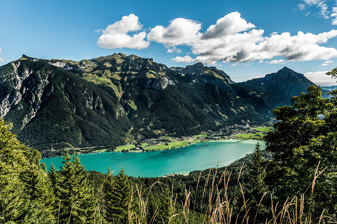 View over lake Achensee to Maurach, Eben am Achensee, Tyrol, Austria