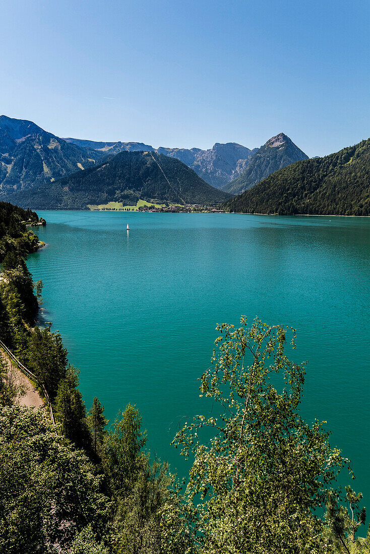 View over Lake Achensee to Pertisau and Karwendel cabel car, Achenkirch, Tyrol, Austria