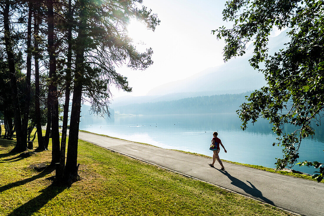 View over Lake St. Moritz, St. Moritz, Upper Engadin, Canton of Graunbuenden, Switzerland