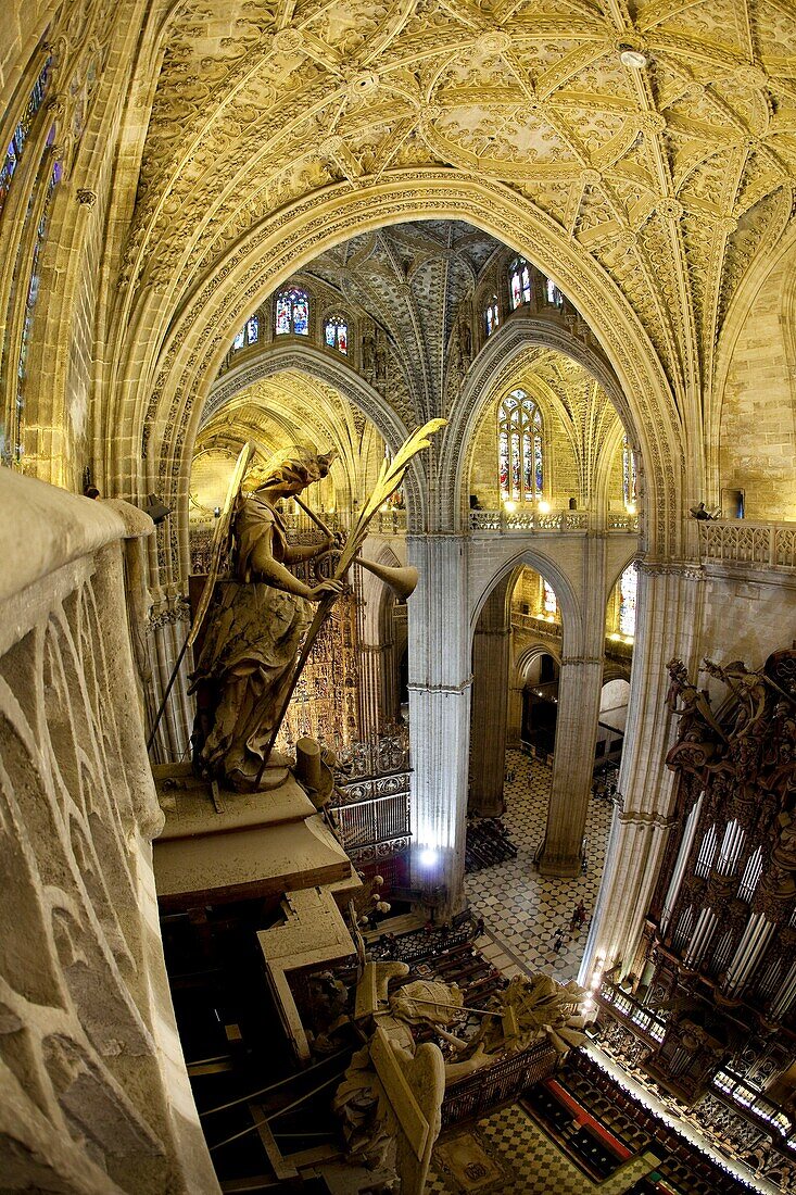 Interior viewed from above the choir of the Cathedral of Seville  Seville, Andalucia, Spain