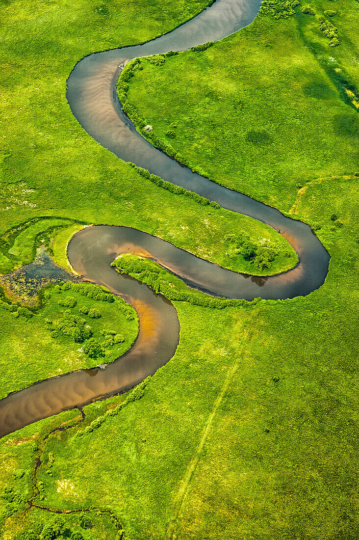 Aerial view of the meandering Pere Marquette River near its mouth, Michigan, USA