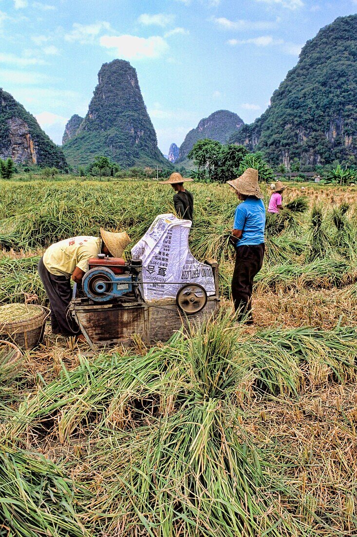 Local farmers grinding rice in mountain area of Li River in unique Guilin Yangshuo area of China