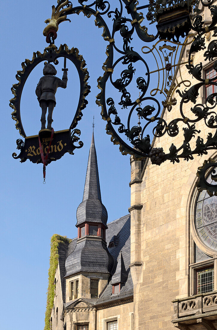 Town hall on the market square with cafe sign, Quedlinburg, Harz, Saxony-Anhalt, Germany, Europe