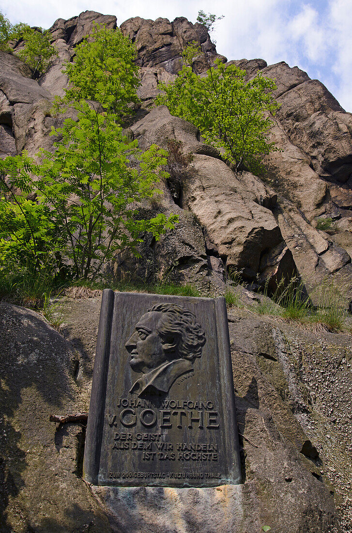 Goethe Rocks with inscript, Bode gorge near Thale, Harz, Saxony-Anhalt, Germany, Europe