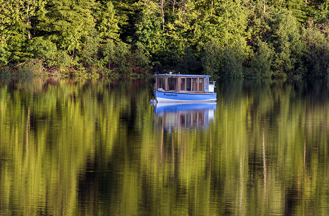 Boat on Rappbode-reservoir, Harz, Saxony-Anhalt, Germany, Europe