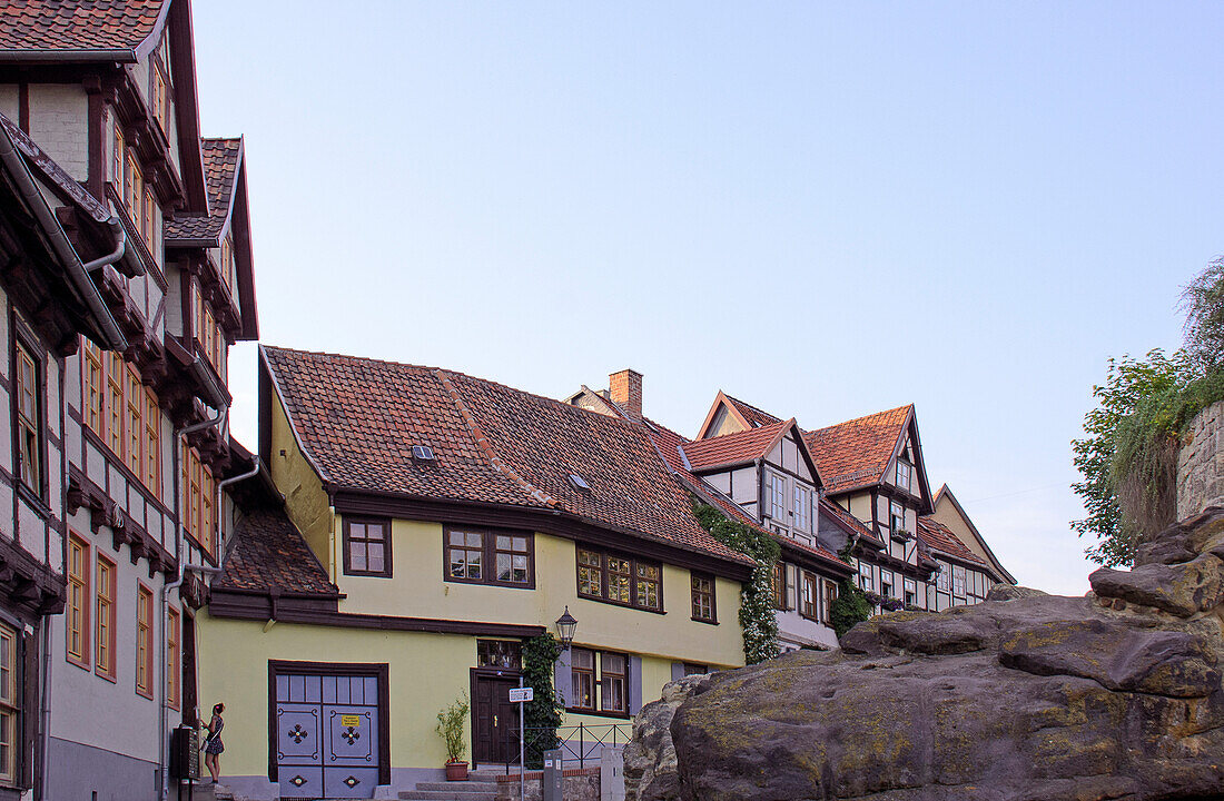 Half-timbered houses below Schlossberg, Quedlinburg, Harz, Saxony-Anhalt, Germany, Europe