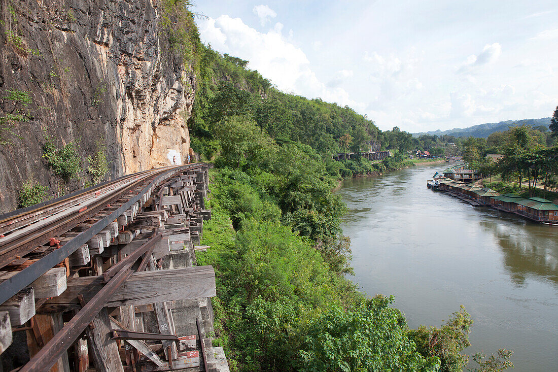 Railway line along the river Kwai, Kanchanaburi, Kanchanaburi Province, Thailand, Asia